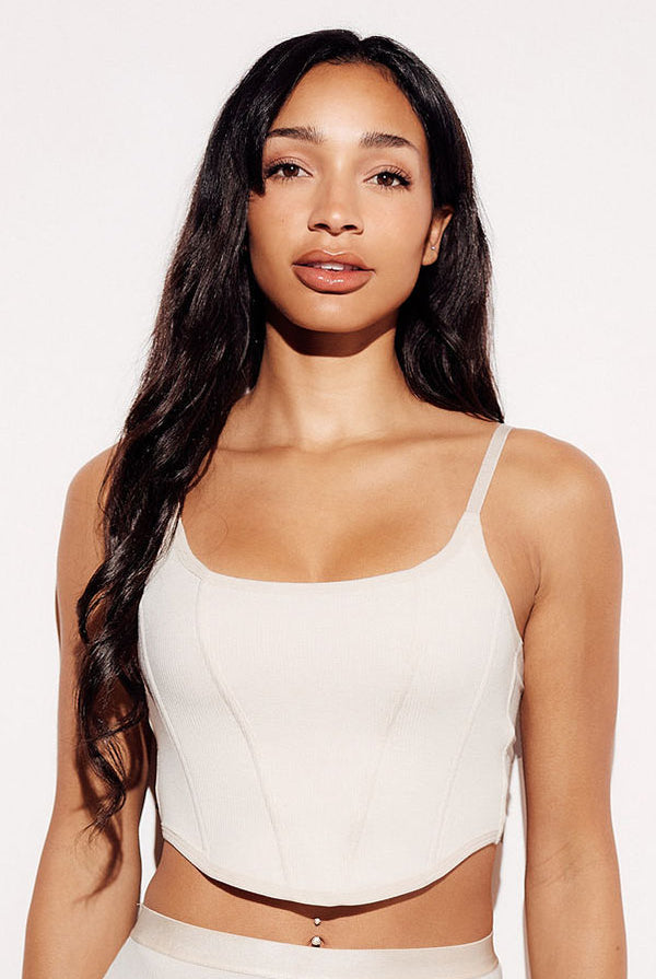 Soft Ribbed Crop Tank Bralette boning top straps nude front