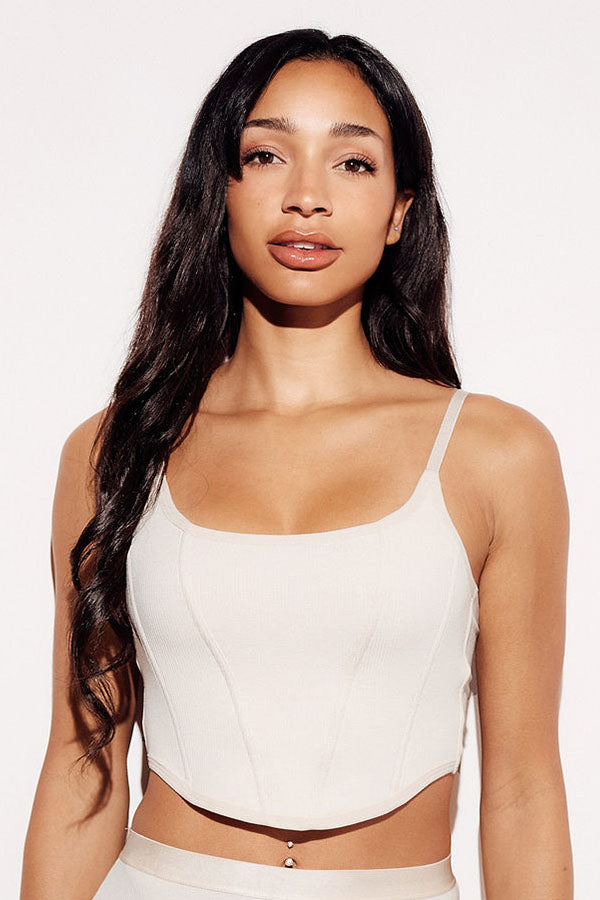 Soft Ribbed Crop Tank Bralette boning top straps nude front