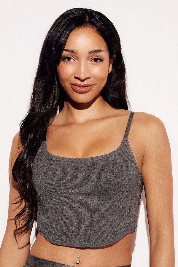 Soft Ribbed Crop Tank Bralette boning top straps brown front