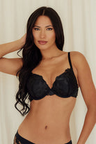 Floral Lace Overlay Bra balconette underwire push up best bras for women black front