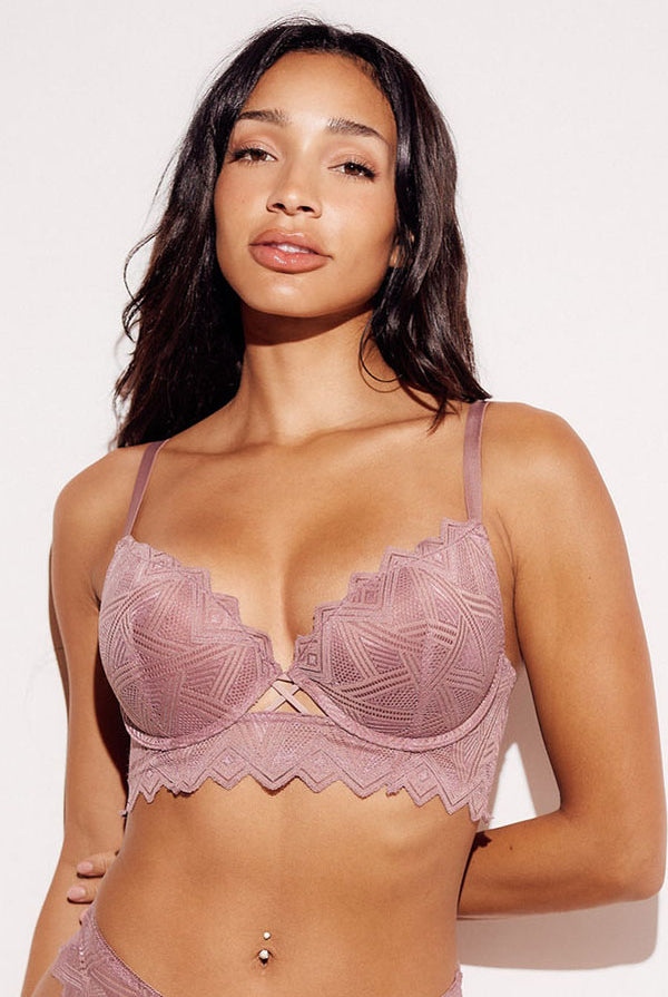 Geometric Lace Push-Up Longline Bra push up pushup lifting nude front