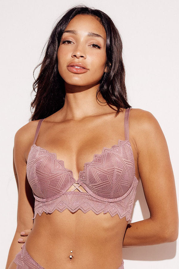 Geometric Lace Push-Up Longline Bra push up pushup lifting nude front