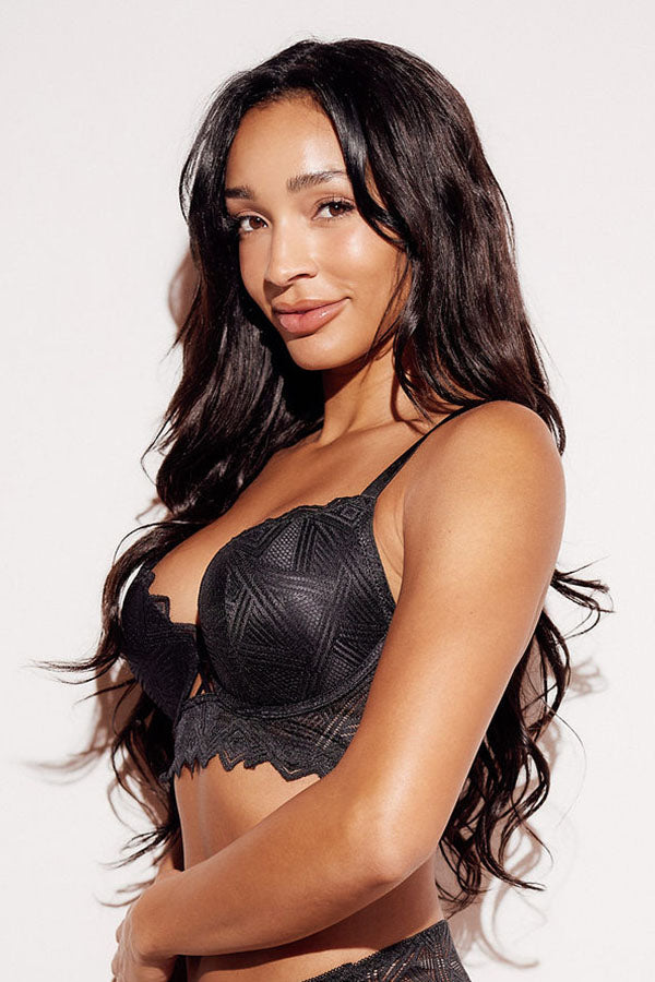 Geometric Lace Push-Up Longline Bra push up pushup lifting black side