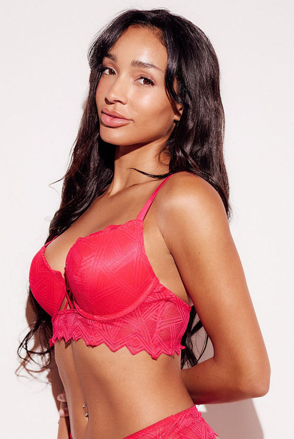 Geometric Lace Push-Up Longline Bra push up pushup lifting red side