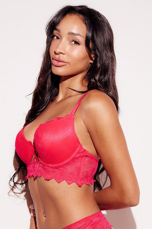Geometric Lace Push-Up Longline Bra push up pushup lifting red side