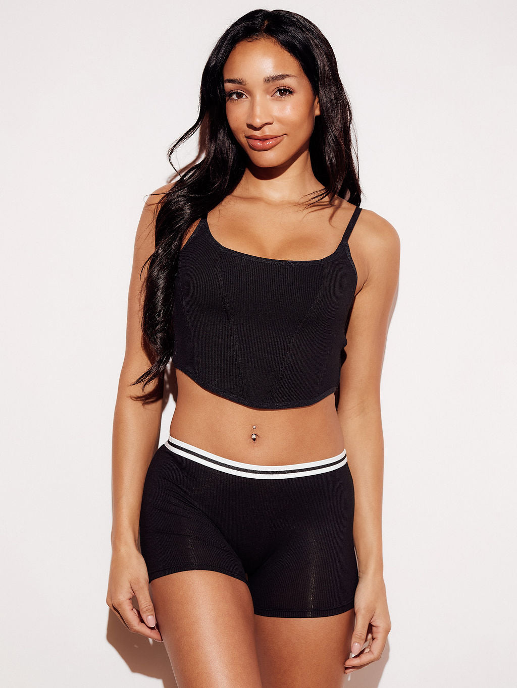 Soft Ribbed Stripe Boy Short Underwear Panties Black Full Body