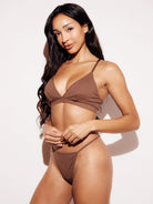 Ribbed Y-Back String Thong Lingerie Panties Underwear Brown Full Body