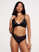 Chevron Lace High Cut Thong Underwear Panties Black Full Body