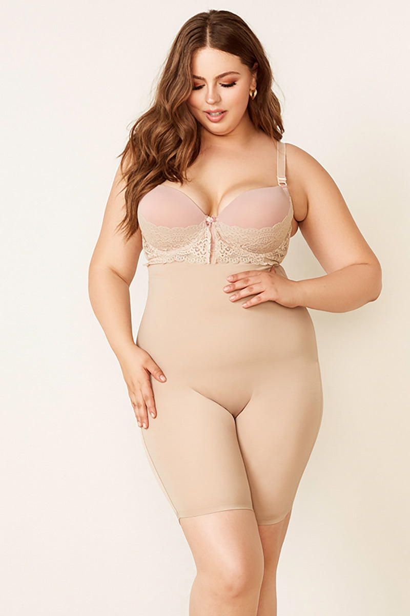 Seamless High Waisted Shorts shapewear mid thigh tummy control shaper short plus size nude front
