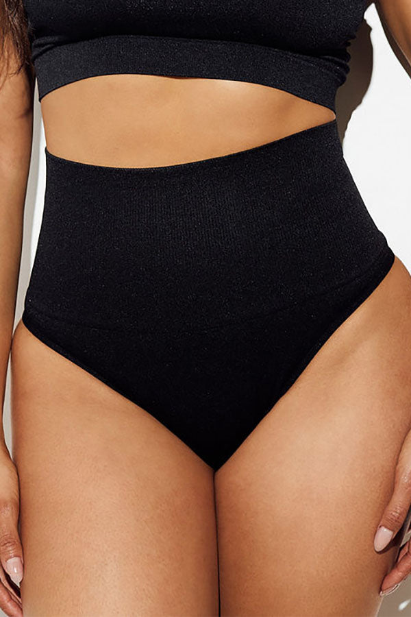Midrise Shapewear Thong tummy control g string seamless body shaper waist trainer black front