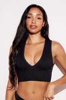 Ribbed Deep V Bralette bandeau plunging tank black front