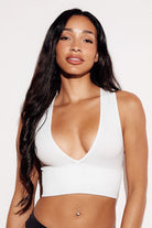 Ribbed Deep V Bralette bandeau plunging tank white front