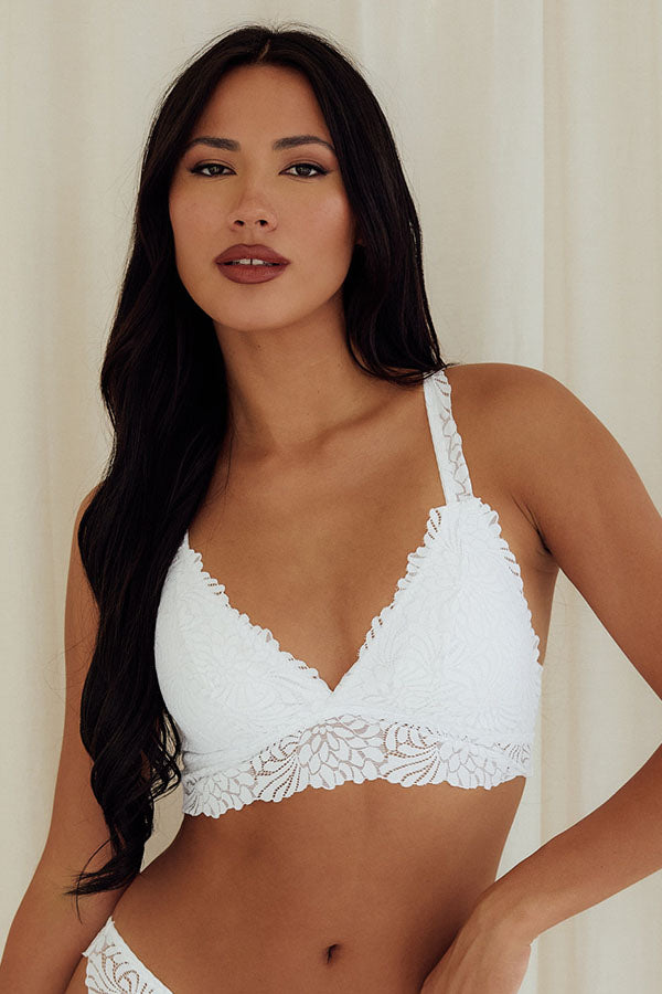 Floral Jacquard Strappy Racerback Bralette wireless best bras for women white front
