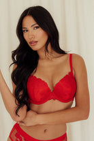 Floral Lace Overlay Bra balconette underwire push up best bras for women red front