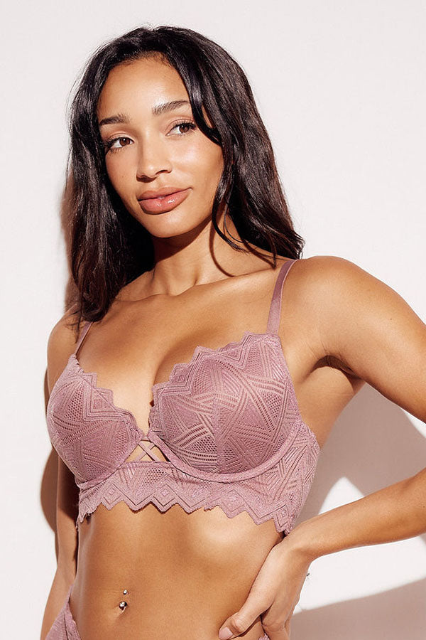 Geometric Lace Push-Up Longline Bra push up pushup lifting nude side