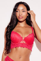 Geometric Lace Push-Up Longline Bra push up pushup lifting red front